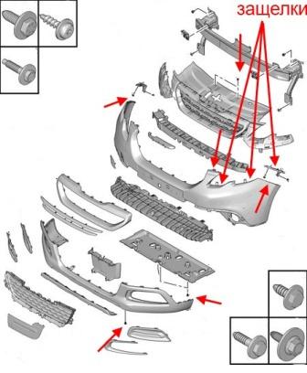 the scheme of fastening of the front bumper of the Peugeot 2008
