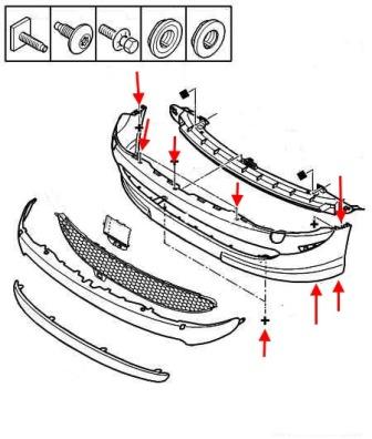 the scheme of fastening of the front bumper for Peugeot 206