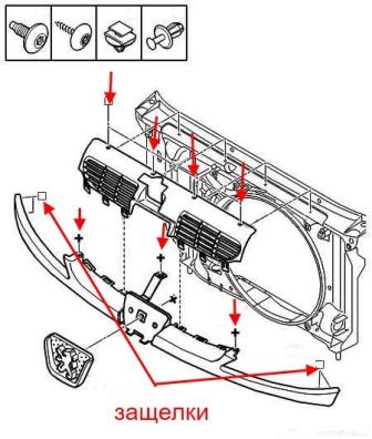 схема крепления решетки радиатора Peugeot 206