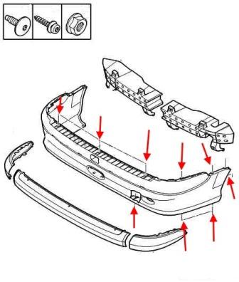 Diagrama de montaje del parachoques trasero Peugeot 206