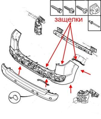 the scheme of fastening of the rear bumper Peugeot 207