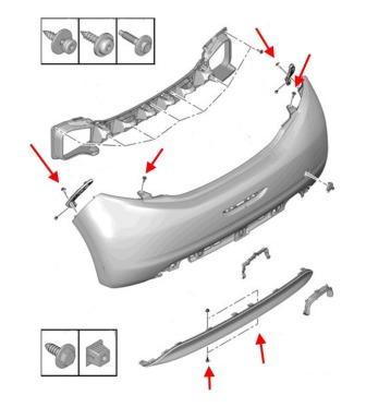 the scheme of fastening the rear bumper of the Peugeot 208