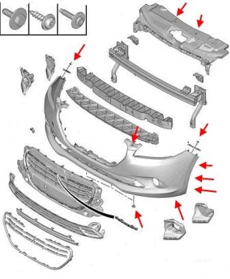 the scheme of fastening of the front bumper of the Peugeot 301