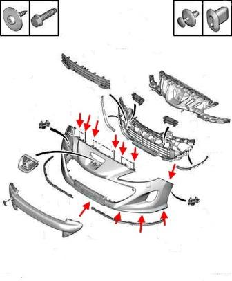 the scheme of fastening of the front bumper Peugeot 308