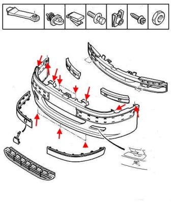 the scheme of fastening of the front bumper Peugeot 406