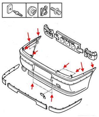 Diagrama de montaje del parachoques trasero del Peugeot 406