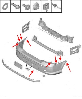 the scheme of fastening of the rear bumper Peugeot 407