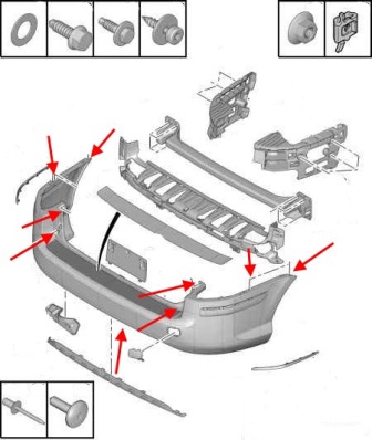 the scheme of fastening of the rear bumper Peugeot 407