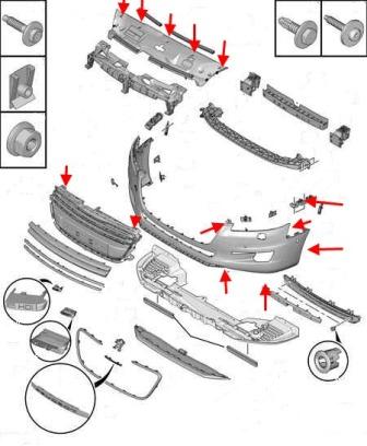 the scheme of fastening of the front bumper of Peugeot 508