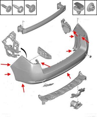 the scheme of fastening the rear bumper of Peugeot 508