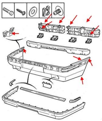 Diagrama de montaje del parachoques trasero del Peugeot 605