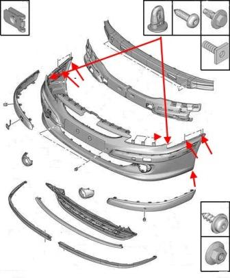 the scheme of fastening of the front bumper of the Peugeot 607