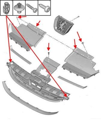 the scheme of fastening of the front bumper of the Peugeot 607