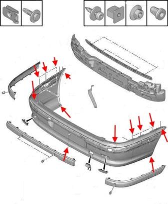 the scheme of fastening the rear bumper of the Peugeot 607