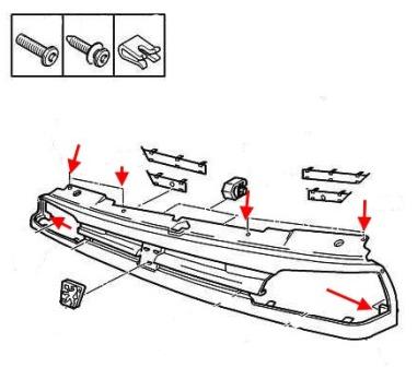 схема крепления решетки радиатора Peugeot 806
