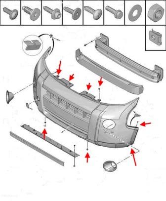the scheme of fastening of the front bumper Peugeot Bipper 