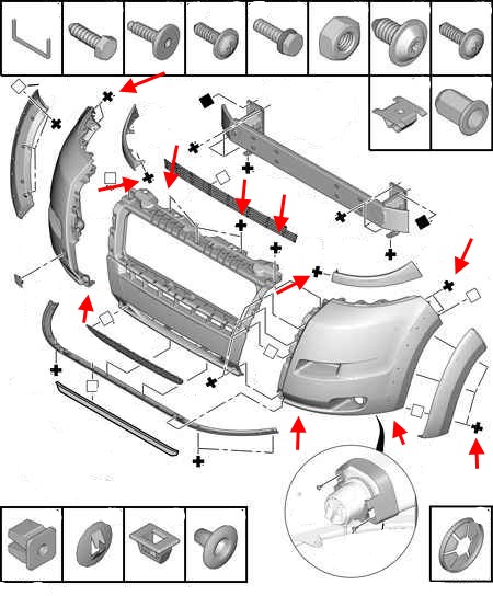 the scheme of fastening of the front bumper Peugeot Boxer (since 2006)