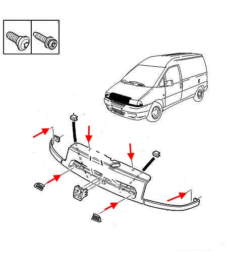 Esquema de montaje de la parrilla del radiador Peugeot Expert (1995-2006)