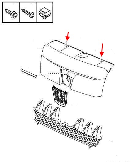 Esquema de montaje de la parrilla del radiador Peugeot Expert (Citroën Jumpy, Fiat Scudo) (1995-2006)