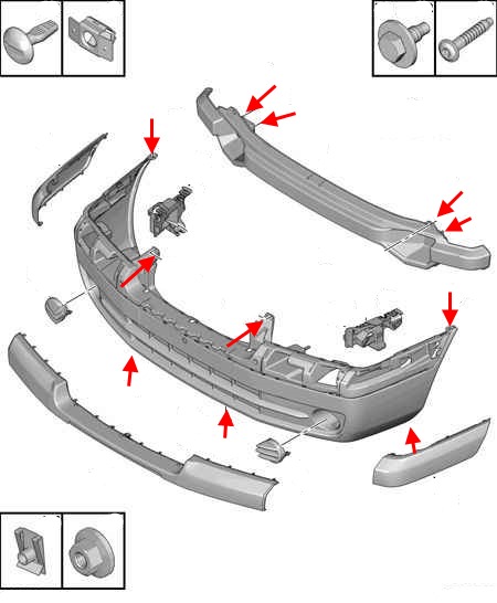 the scheme of fastening of the front bumper Peugeot Expert (Citroën Jumpy, Fiat Scudo) (1995-2006)