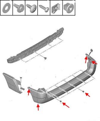 the scheme of fastening of the rear bumper Peugeot Partner (2002-2009)
