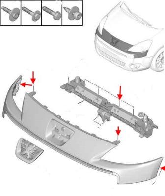 the scheme of fastening of the front bumper of the Peugeot Partner Tepee (after 2009)