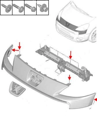 the scheme of fastening of the front bumper of the Peugeot Partner Tepee (Citroën Berlingo B9) (after 2009)