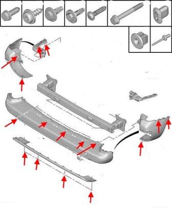 the scheme of fastening the rear bumper of the Peugeot Partner Tepee (after 2009)