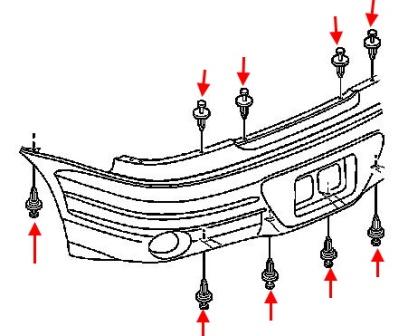 Mounting diagram for the rear bumper of Pontiac Grand Am (1999-2005)