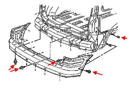 Mounting diagram of the Pontiac Montana rear bumper (1997-2004)