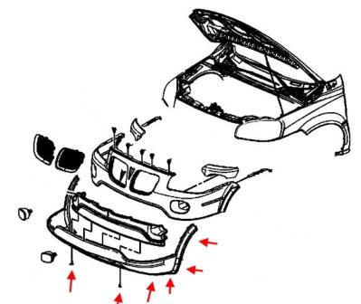 Mounting diagram of the Pontiac Montana front bumper (2005-2009)