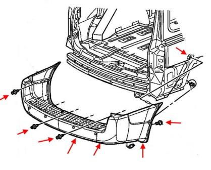 Mounting diagram of the Pontiac Montana rear bumper (2005-2009)