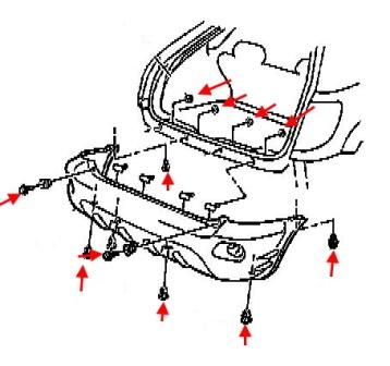 Mounting diagram of the Pontiac Vibe rear bumper (2003-2008)