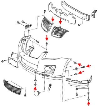 Mounting diagram of the Pontiac Vibe front bumper (2009-2010)