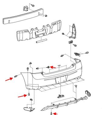 Mounting diagram of the Pontiac Vibe rear bumper (2009-2010)