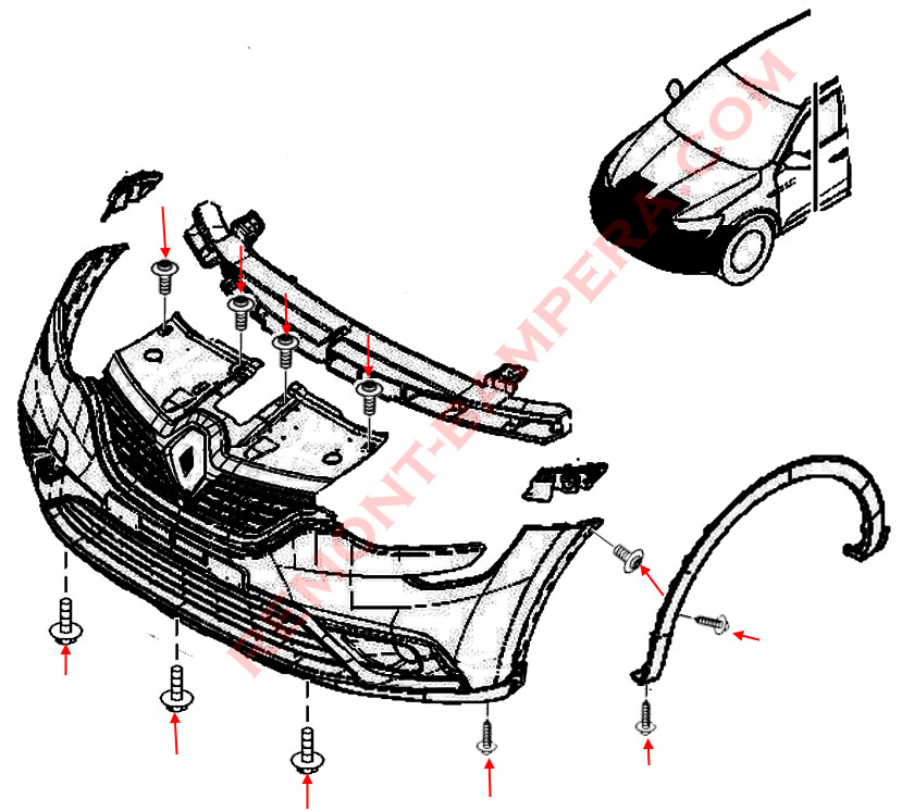 Diagrama de montaje del parachoques delantero del Renault Arkana