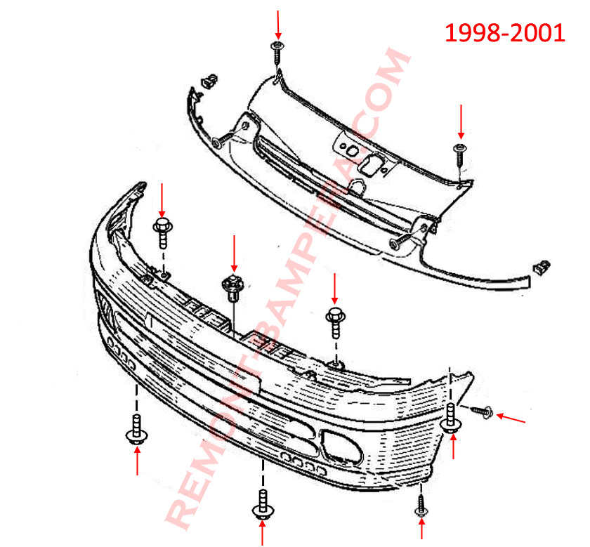 Renault Clio II – Montagediagramm für die vordere Stoßstange (1998–2001)