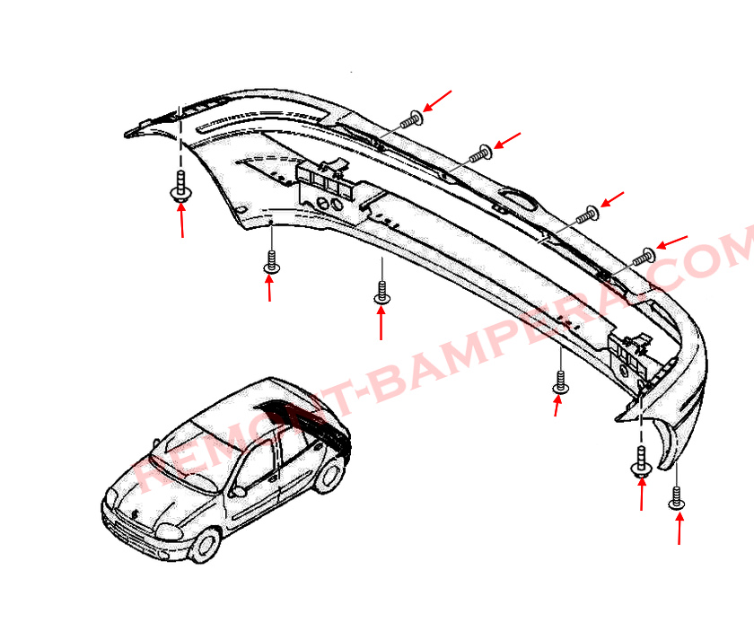 Montageschema für die hintere Stoßstange Renault Clio II (1998–2010)