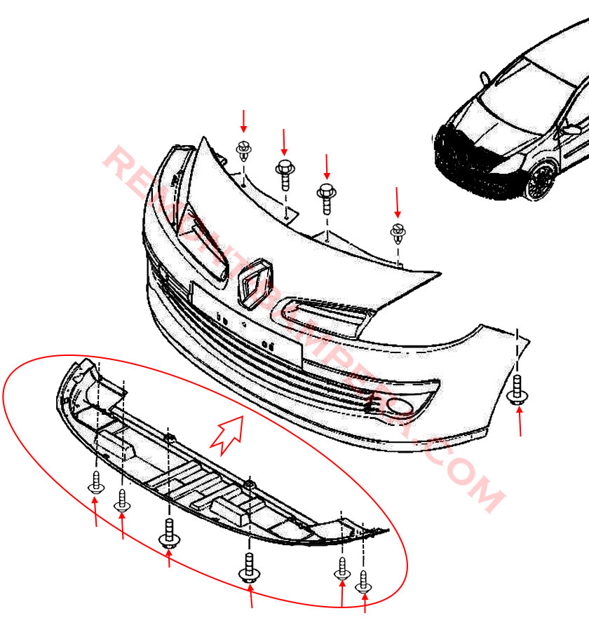 Renault Clio III – Montagediagramm für die vordere Stoßstange