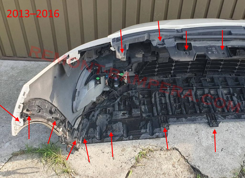 Emplacements de fixation du pare-chocs avant Renault Fluence 2013-2016