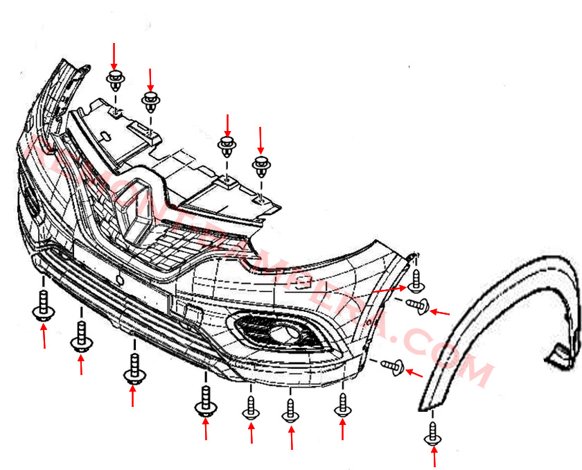 Diagrama de montaje del parachoques delantero del Renault Kadjar