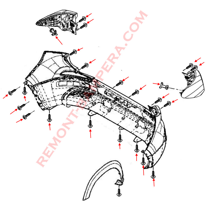 Diagrama de montaje del parachoques trasero Renault Kadjar