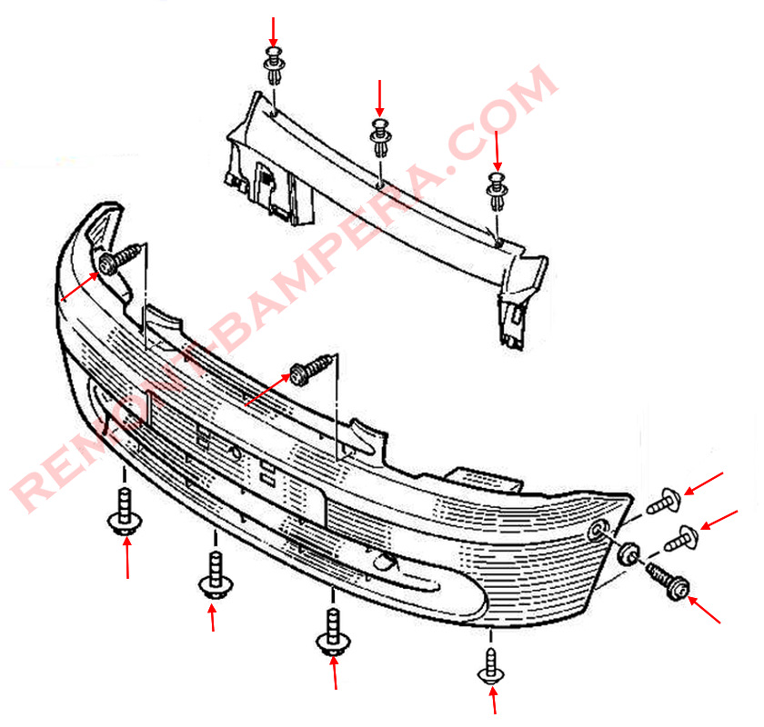 Diagrama de montaje del parachoques delantero del Renault Kangoo I