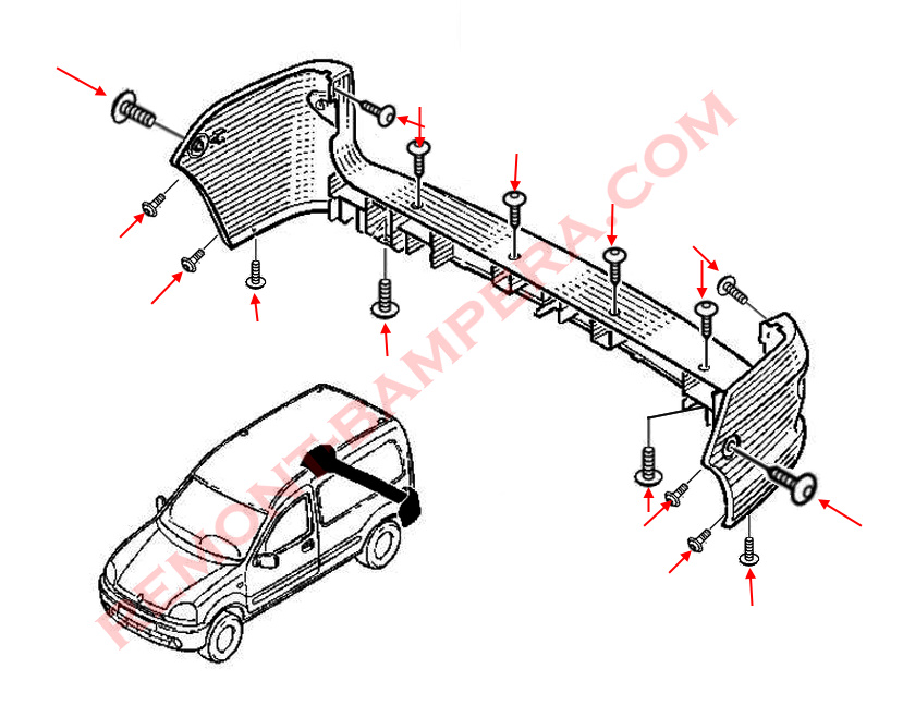Diagrama de montaje del parachoques trasero Renault Kangoo I