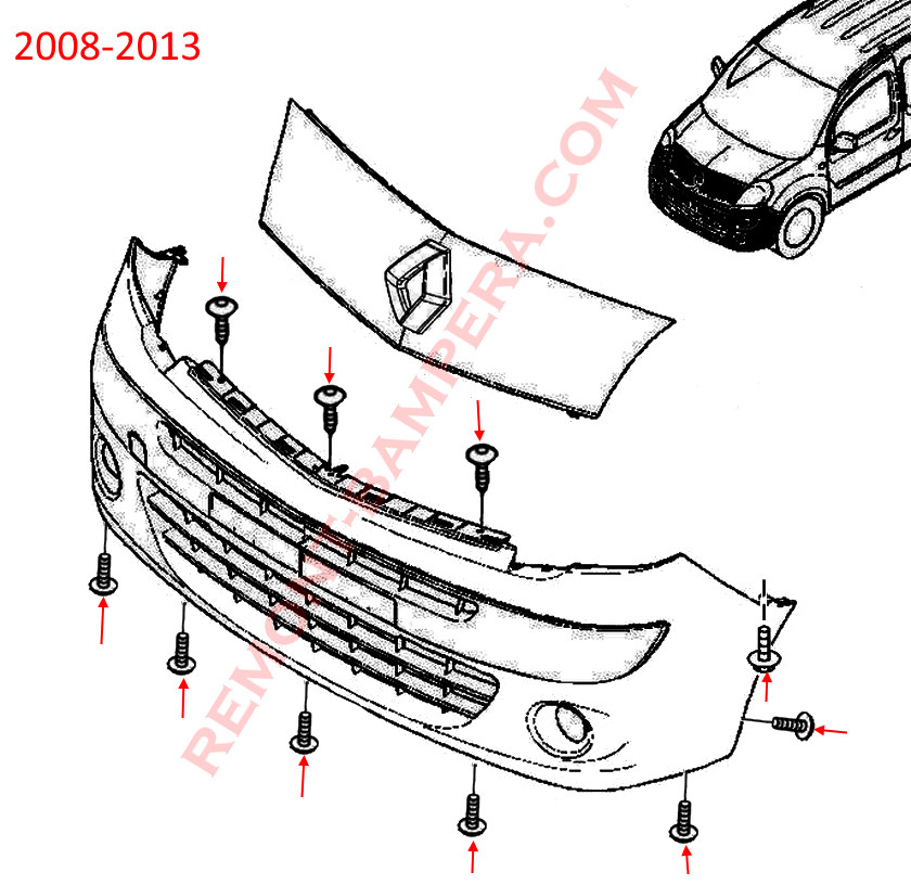 Schéma de fixation du pare-chocs avant du Renault Kangoo II 2008-2013