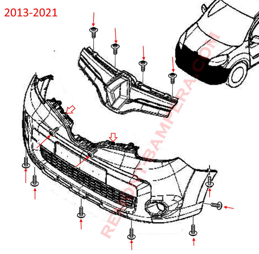 Schéma de fixation du pare-chocs avant du Renault Kangoo II 2013-2021