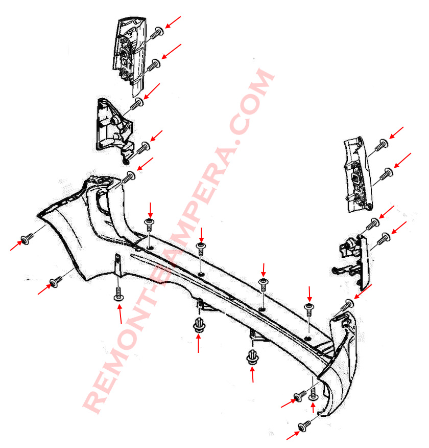 Schéma de montage du pare-chocs arrière Renault Kangoo II 2008-2021