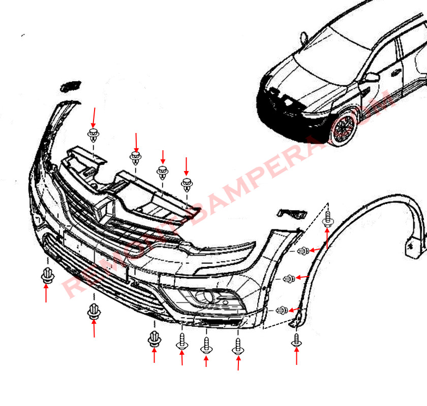 Diagrama de montaje del parachoques delantero del Renault Koleos II