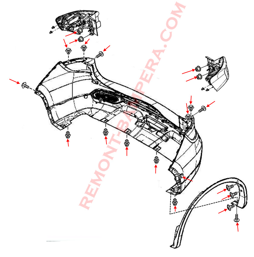 Diagrama de montaje del parachoques trasero del Renault Koleos II