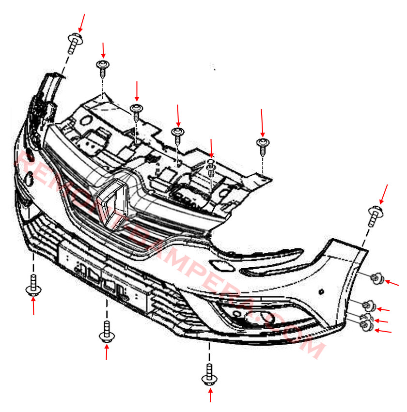 Diagrama de montaje del parachoques delantero del Renault Mégane IV